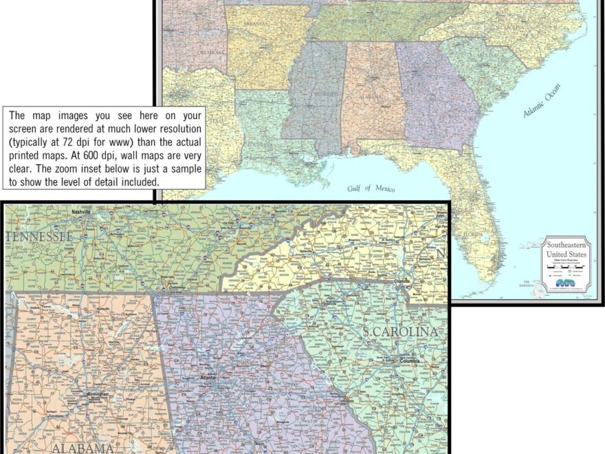 Wall Map Laminated Of Southeast United States