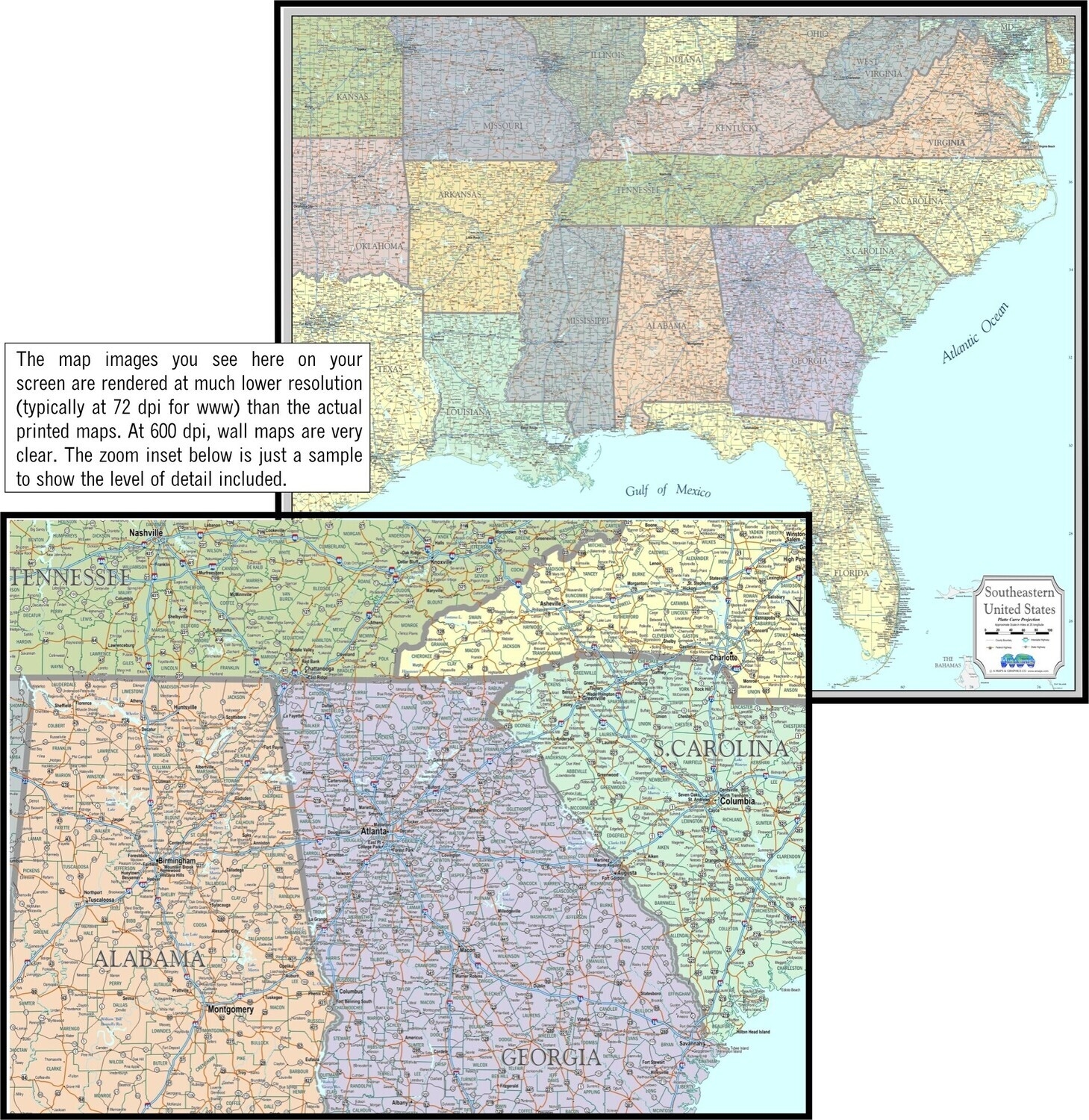 Wall Map Laminated Of Southeast United States