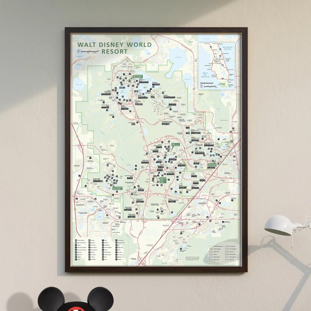 Walt Disney World Resort Map national Park style With Points of interest Roads Walking Routes On Premium Luster Photo Paper Etsy