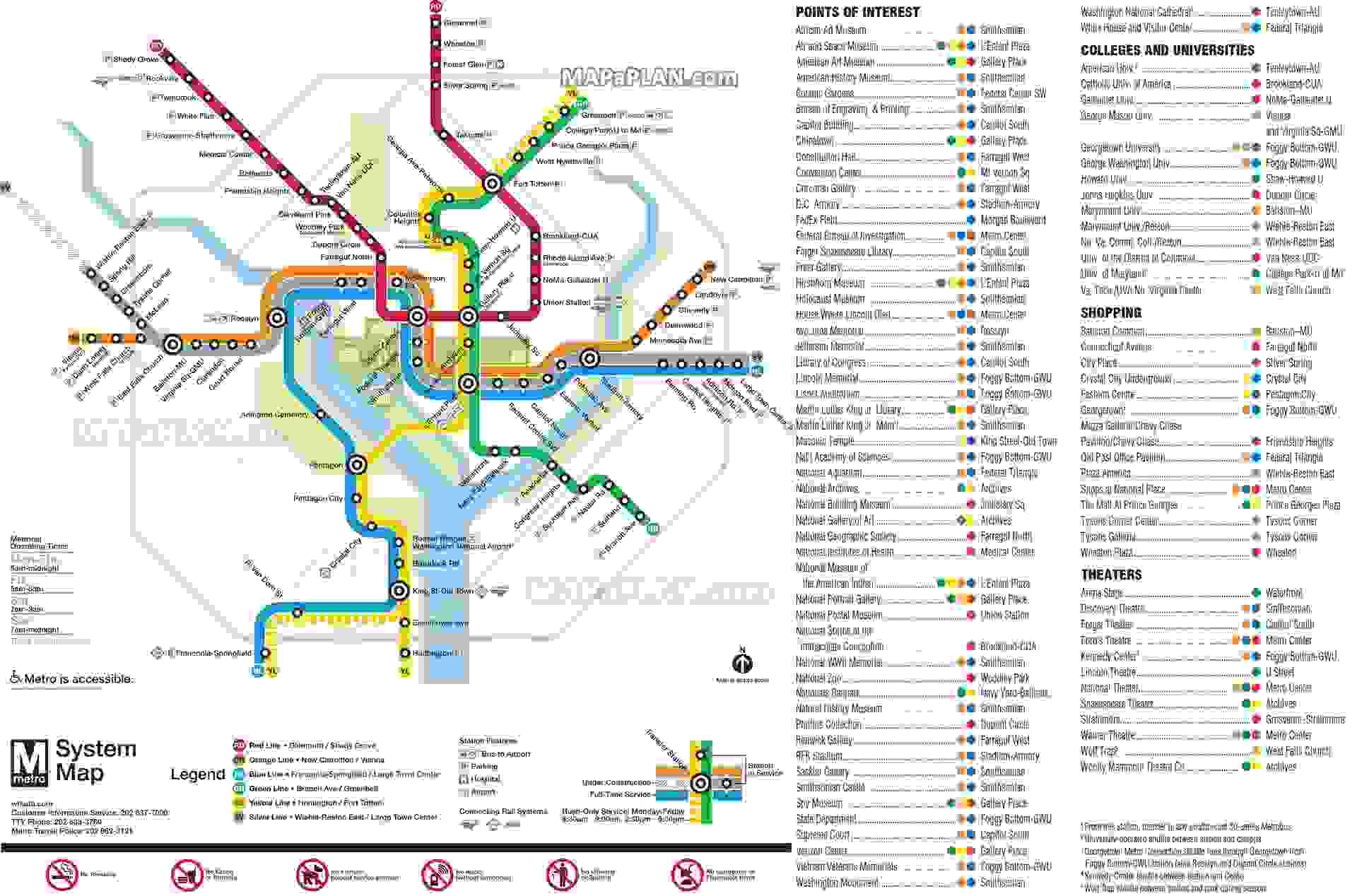 Washington DC Large Scale Map Metrorail Metro Lines Transit subway Underground Tube Diagram Showing Railway Train Union Station Shopping Malls