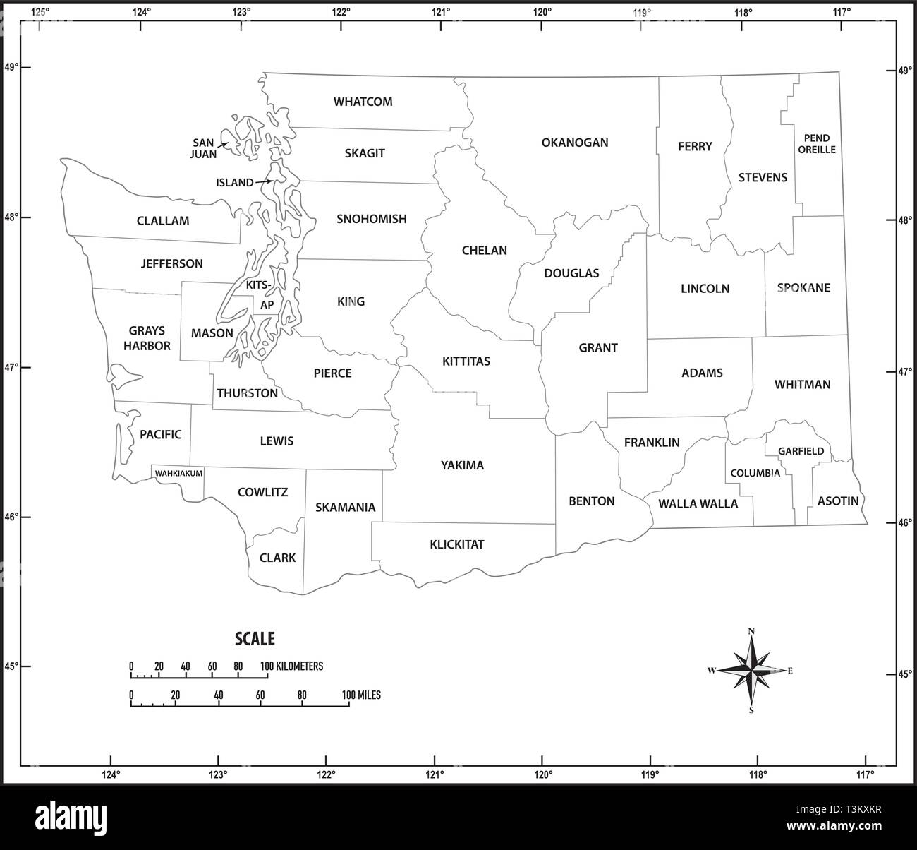 Washington State Outline Administrative And Political Vector Map In Black And White Stock Vector Image Art Alamy