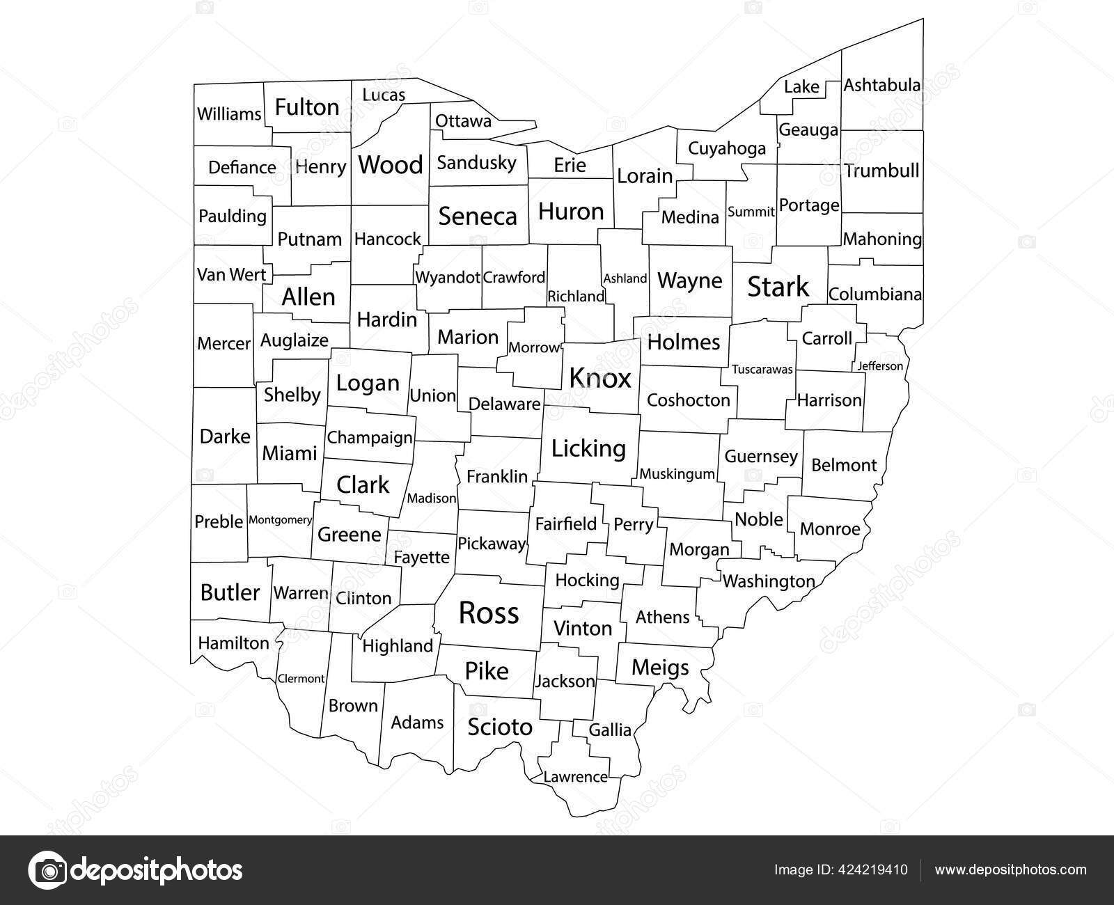 White Outline Counties Map Counties Names State Ohio Stock Vector By momcilo jovanov 424219410