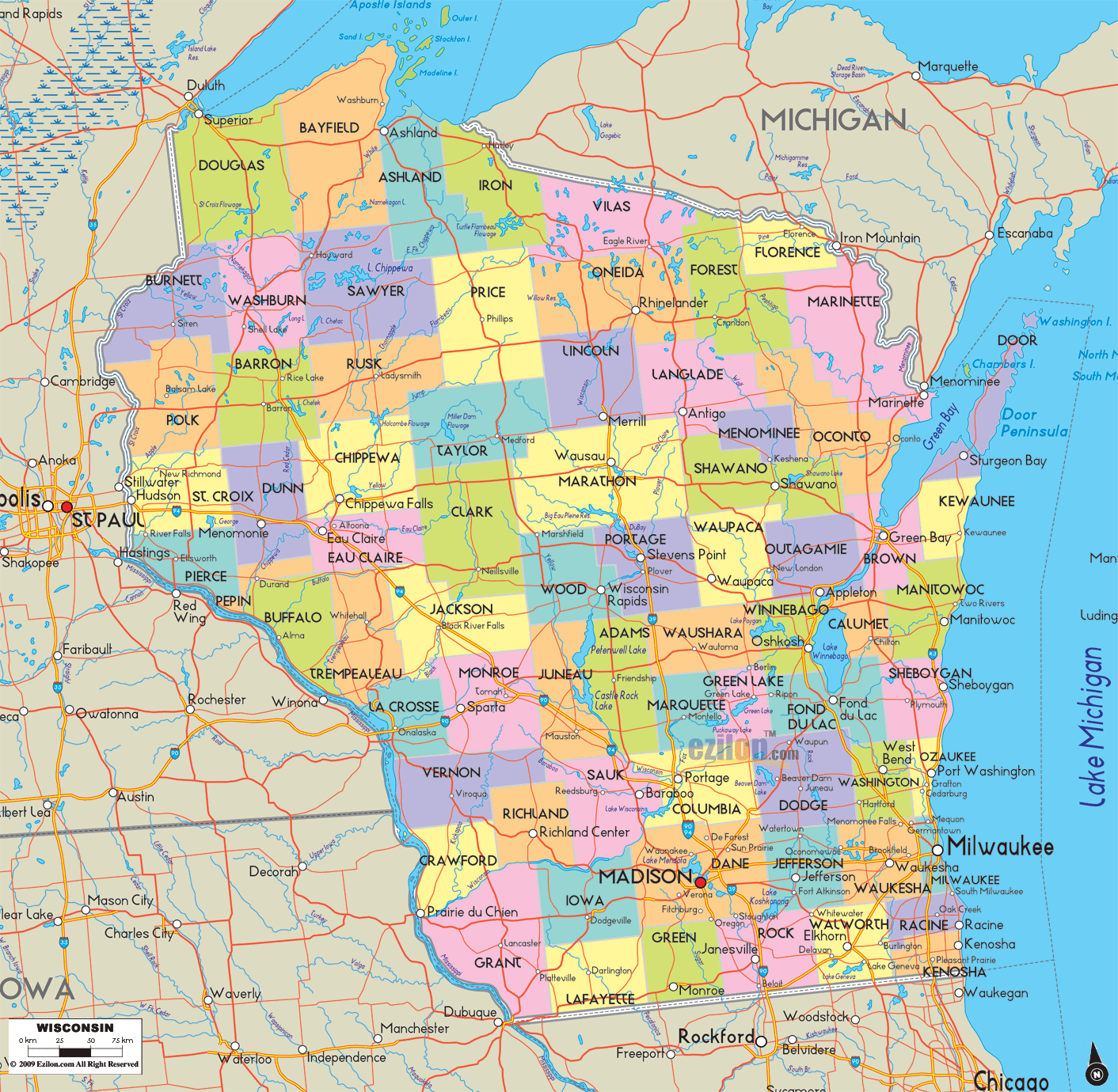 Printable Map Wisconsin Countoes