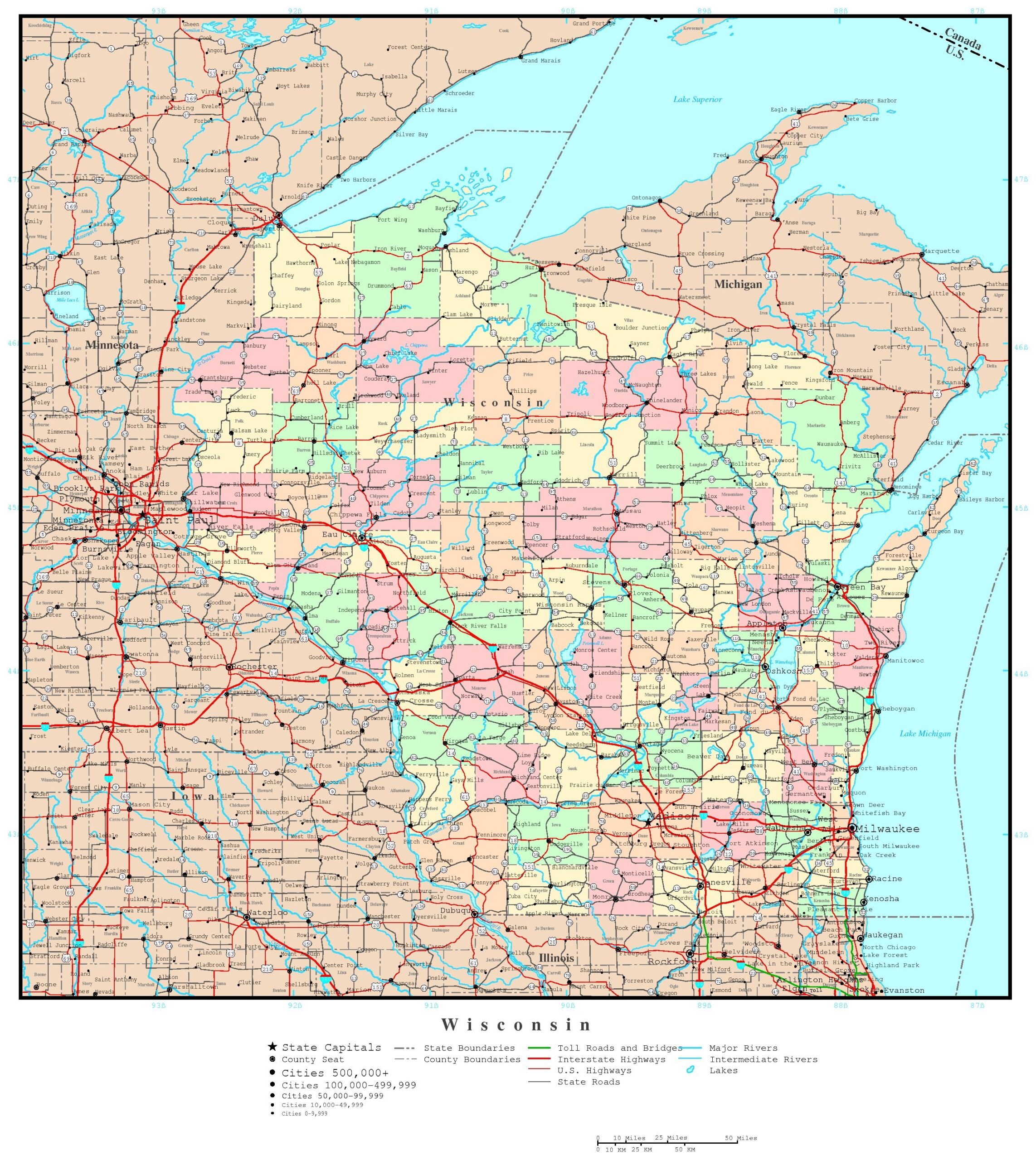 Labeled Map Of Wisconsin Counties Printable