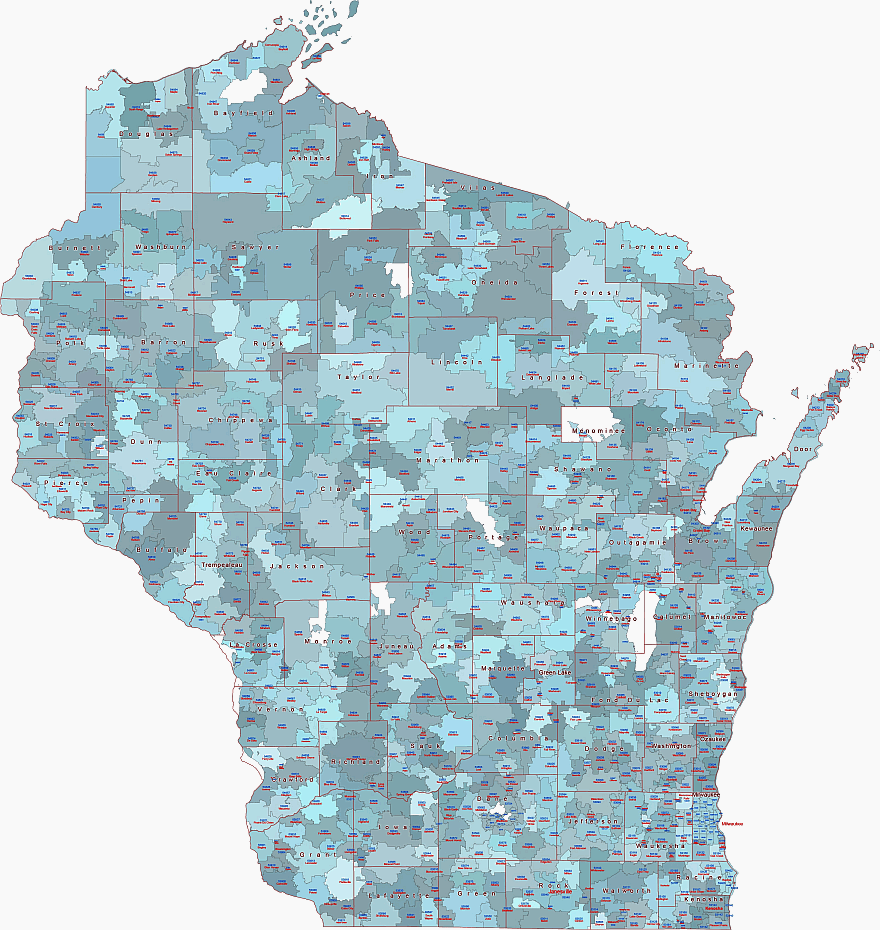 Wisconsin State 5 Digit Postal Code Printable Vector Maps