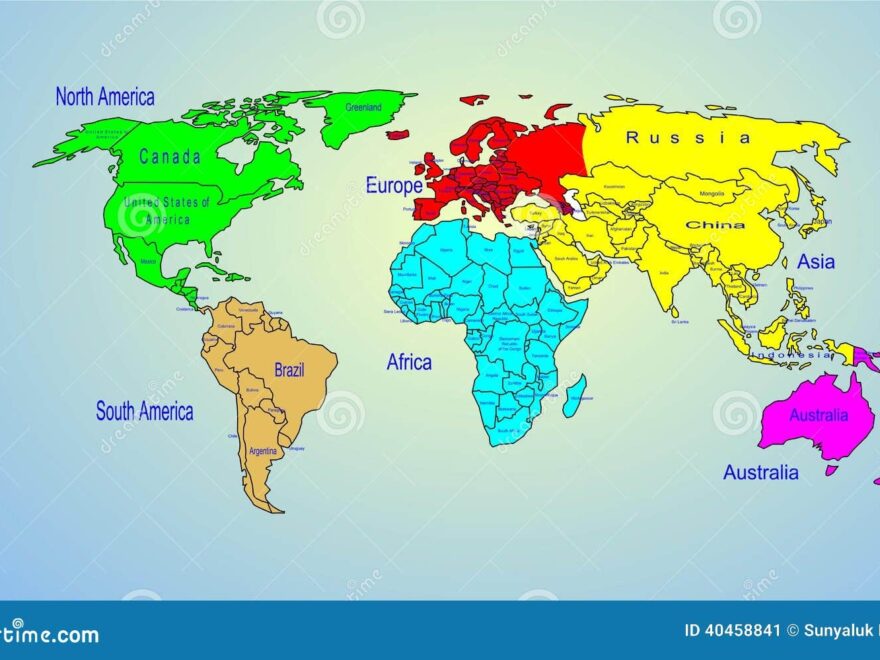 World Color Map Continents And Country Name Stock Illustration Worksheets Library