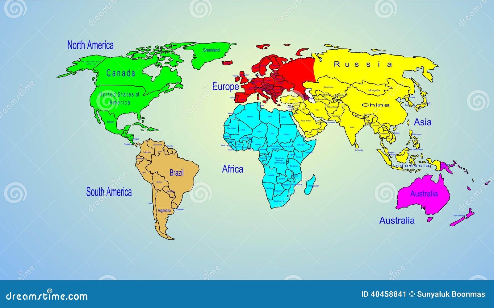World Color Map Continents And Country Name Stock Illustration Worksheets Library
