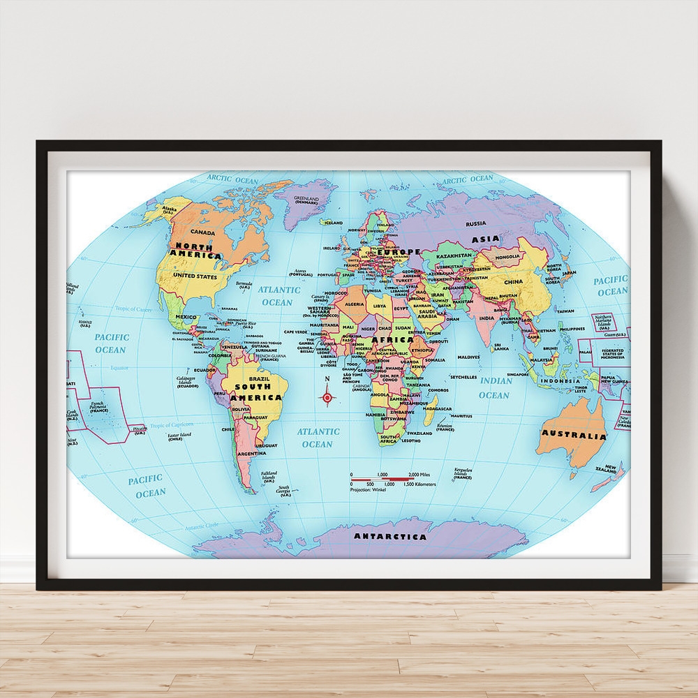 World Map Continent And Country Labels Framed Print By Globe Worksheets Library