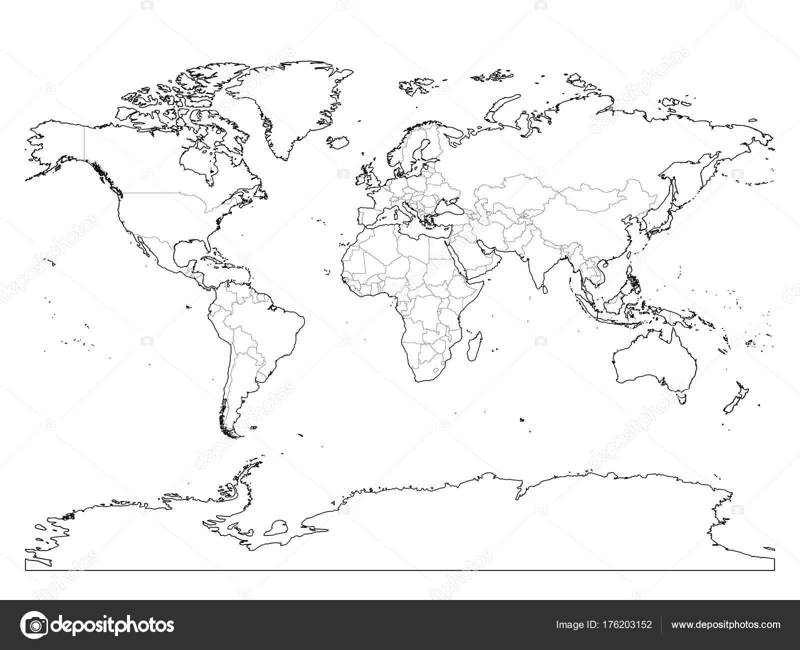 World Map Outline Thin Country Borders And Thick Land Contour On White Background Simple High Detail Line Vector Wireframe Stock Vector By pyty 176203152