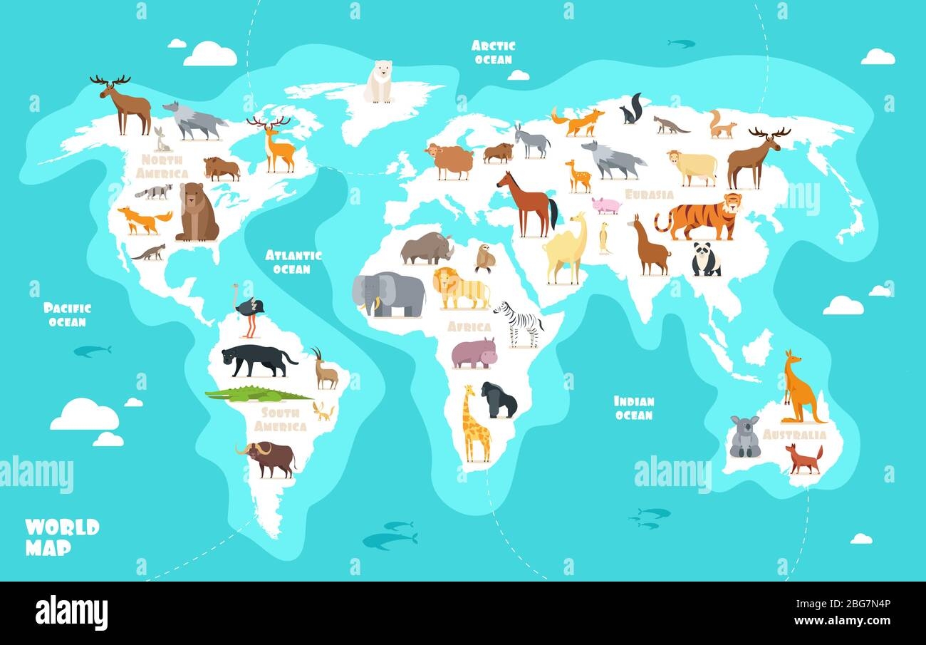 World Map With Animals Earth Discovery Funny Kids Geography Vector Illustration Animal Geography World Wildlife Eurasia Africa And America Stock Vector Image Art Alamy