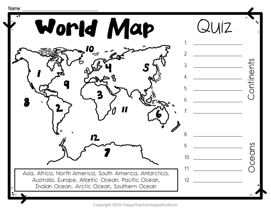 Continents And Ocean Map For Kids Printable