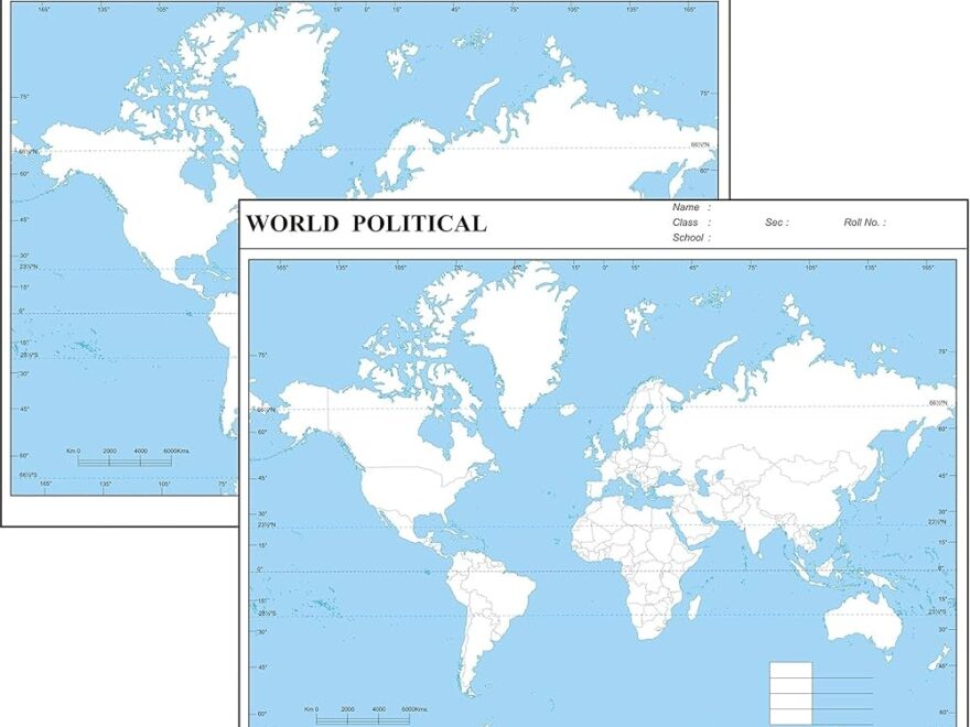 World Political World Physical Each 100 Nos Outline Map A4 Worksheets Library