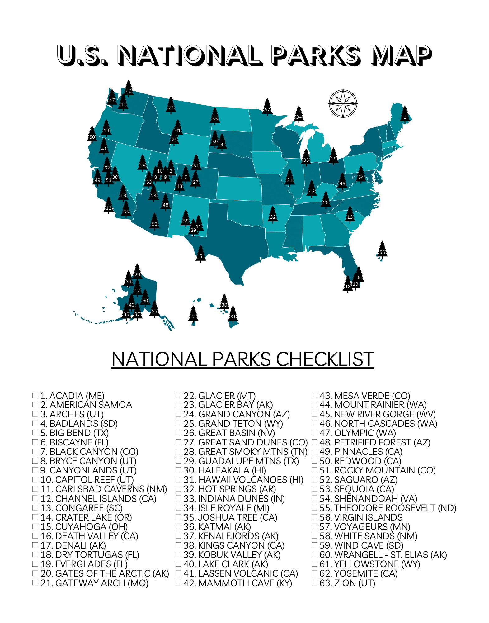 Your Printable U S National Parks Map With All 63 Parks TREKKN
